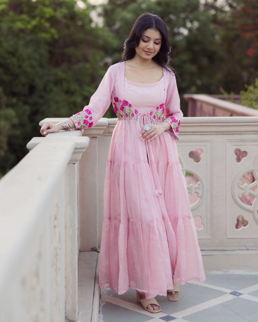 Flowy Pink Embroidered Doria Coord Set