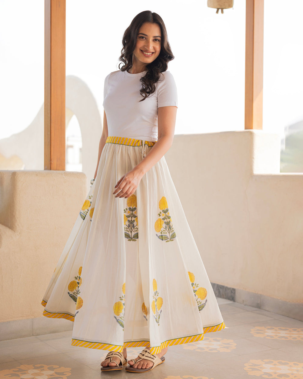 Noraya Off White Printed Cotton Skirt