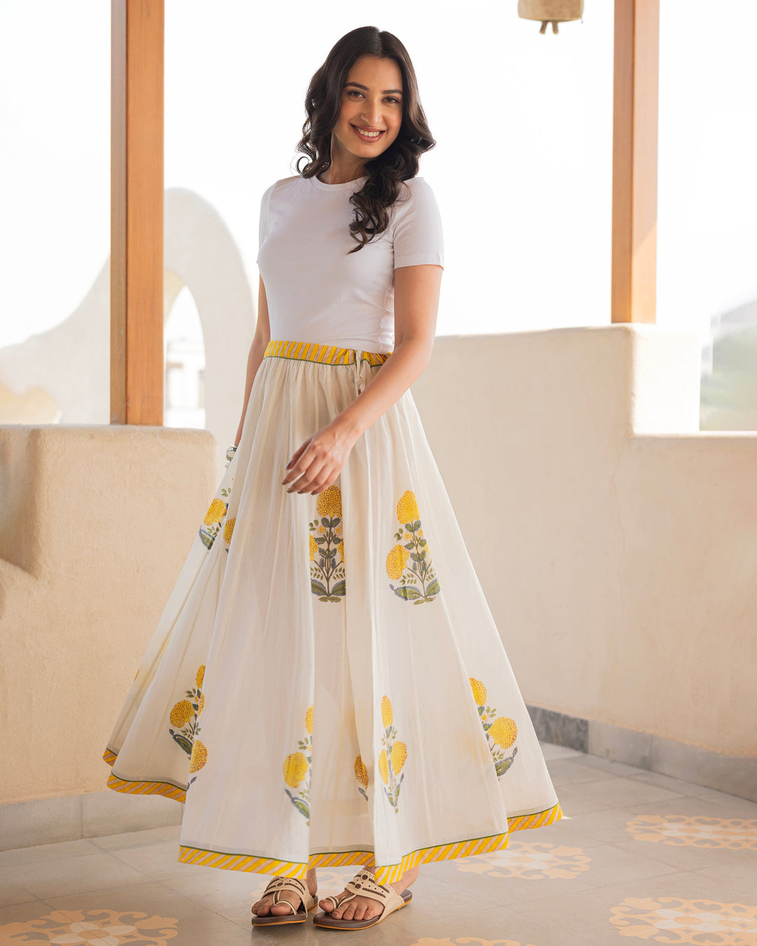 Noraya Off White Printed Cotton Skirt