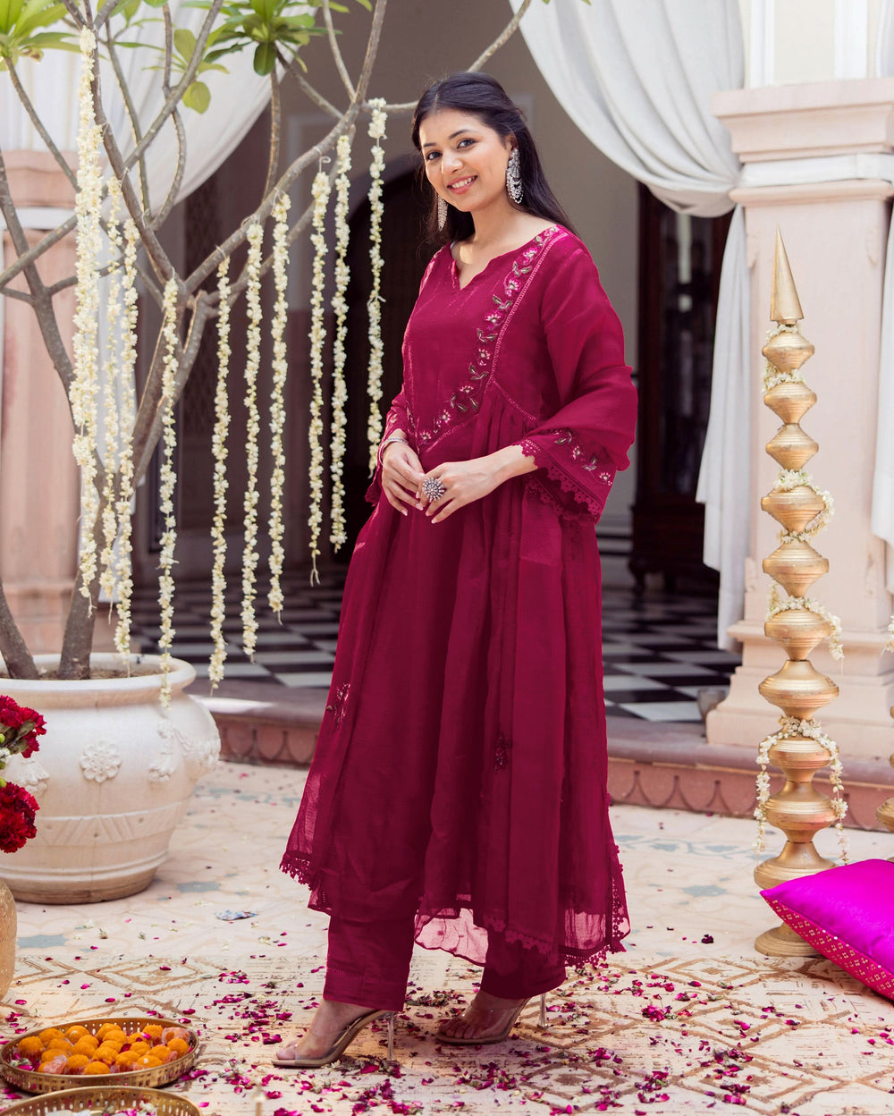 Reesh Burgundy Embroidered Doria Suit Set