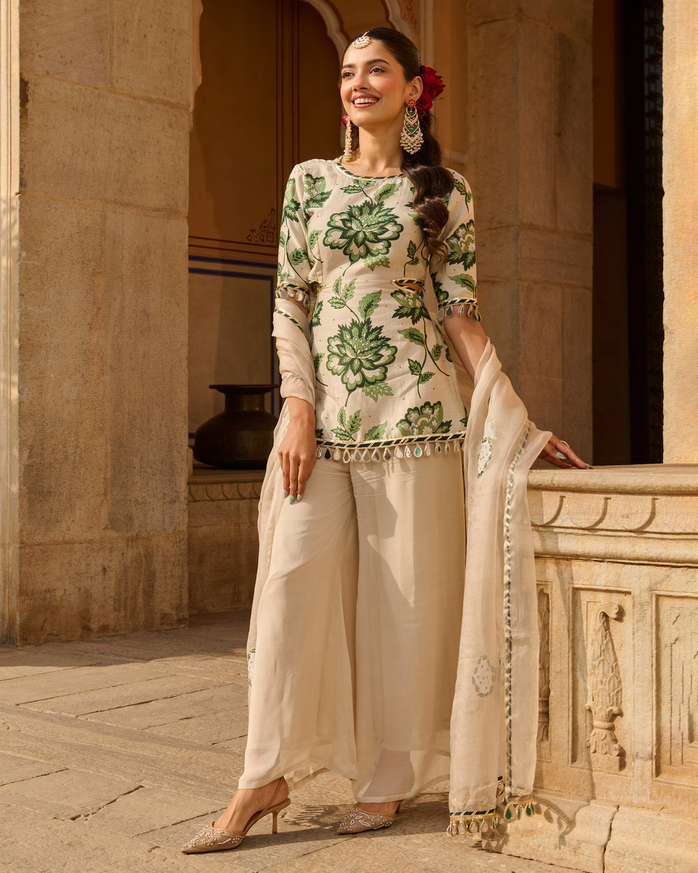 Opal Grey Printed Chanderi Suit Set