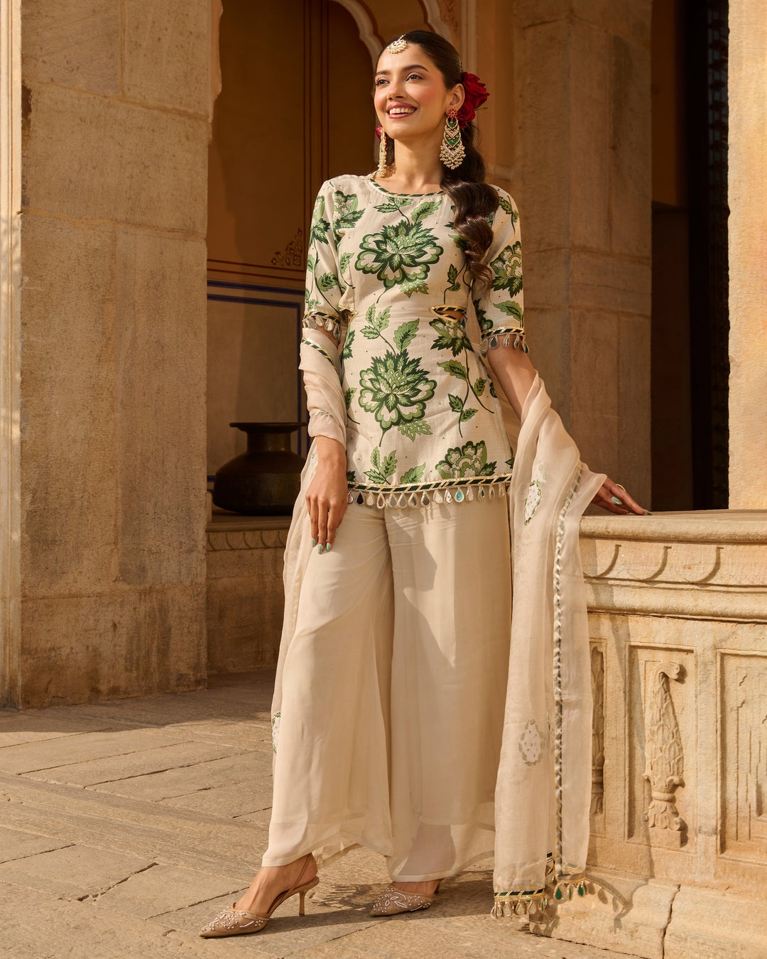 Opal Grey Printed Chanderi Suit Set