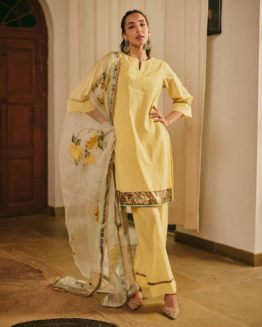 Vara Yellow Handpainted Cotton Suit Set