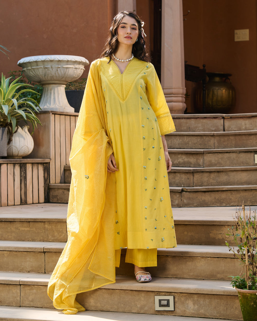 Serein Yellow Embroidered Cotton Suit Set