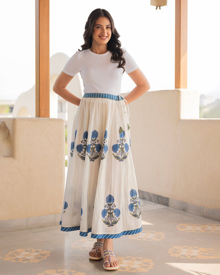 Ruhira Off White Printed Cotton Skirt