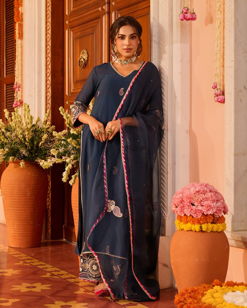 Riddhima Teal Blue Embroidered Chanderi Suit Set