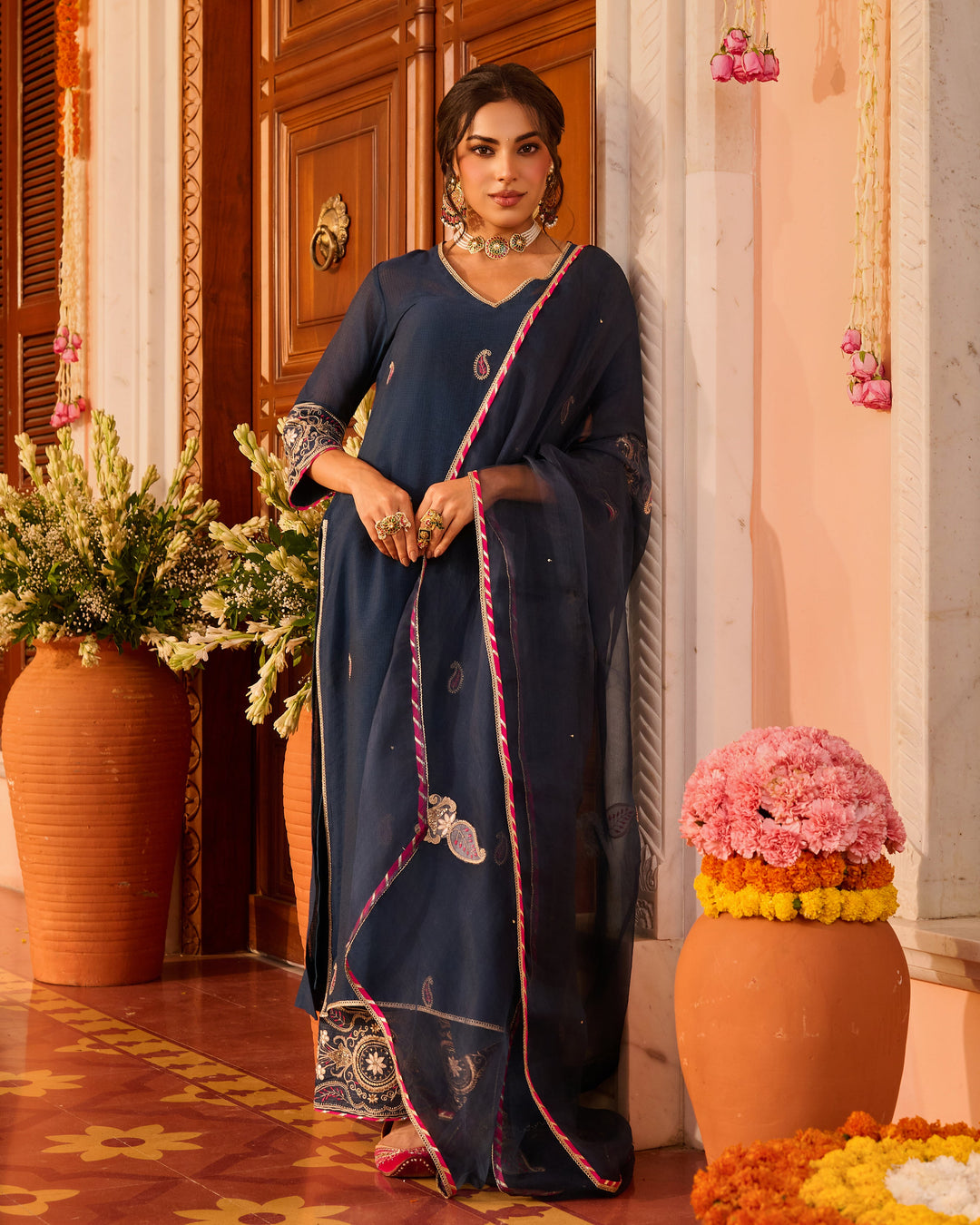 Riddhima Teal Blue Embroidered Chanderi Suit Set