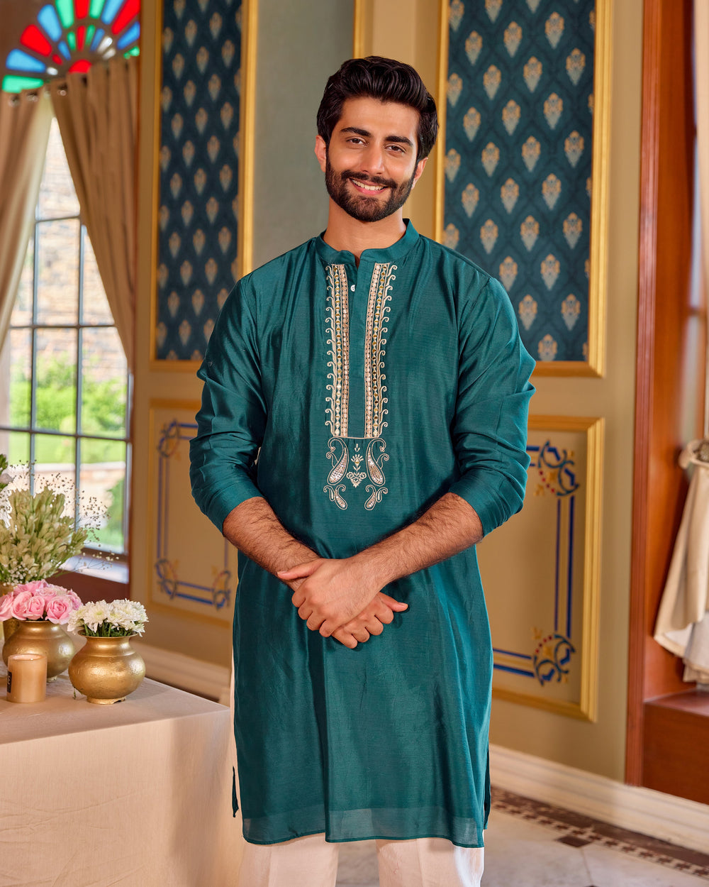 Prem Teal Chanderi Embroidered Kurta