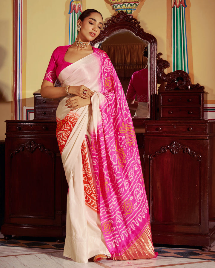 Dhun White Kajol Bandhej Silk Saree