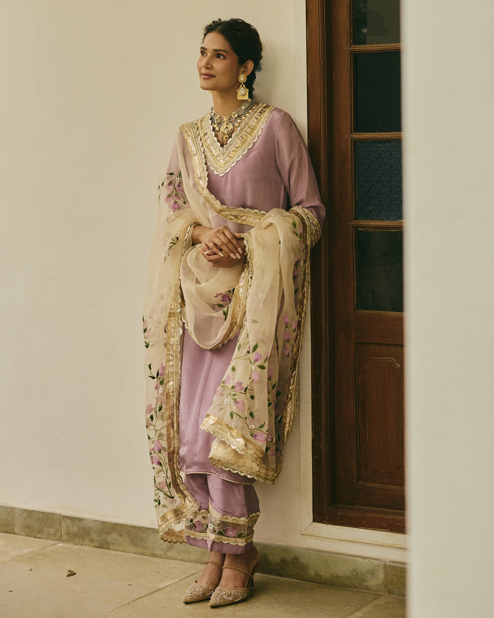Zoyra Purple Handpainted Viscose Organza Suit Set