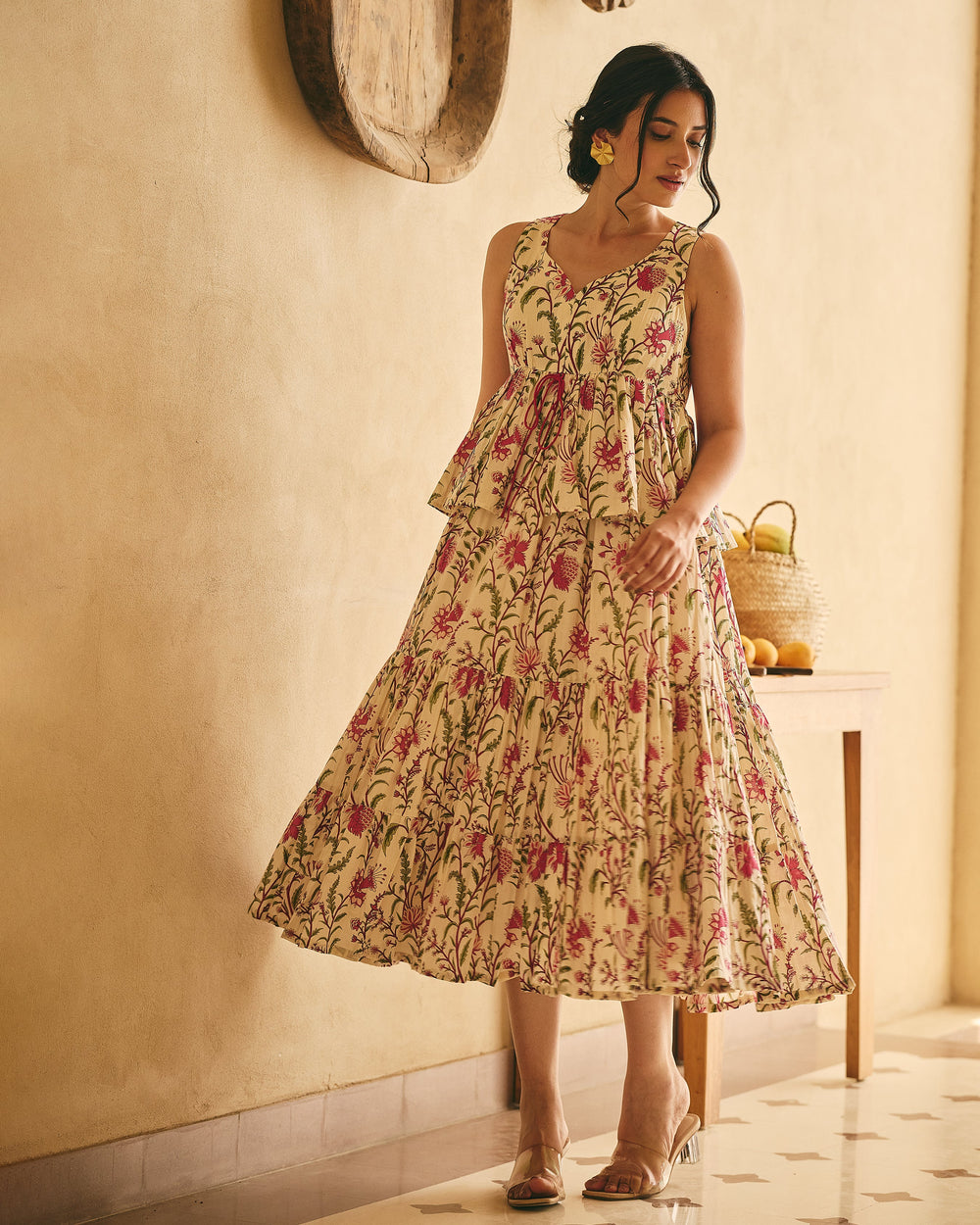 Ramya Beige Cotton Printed Dress