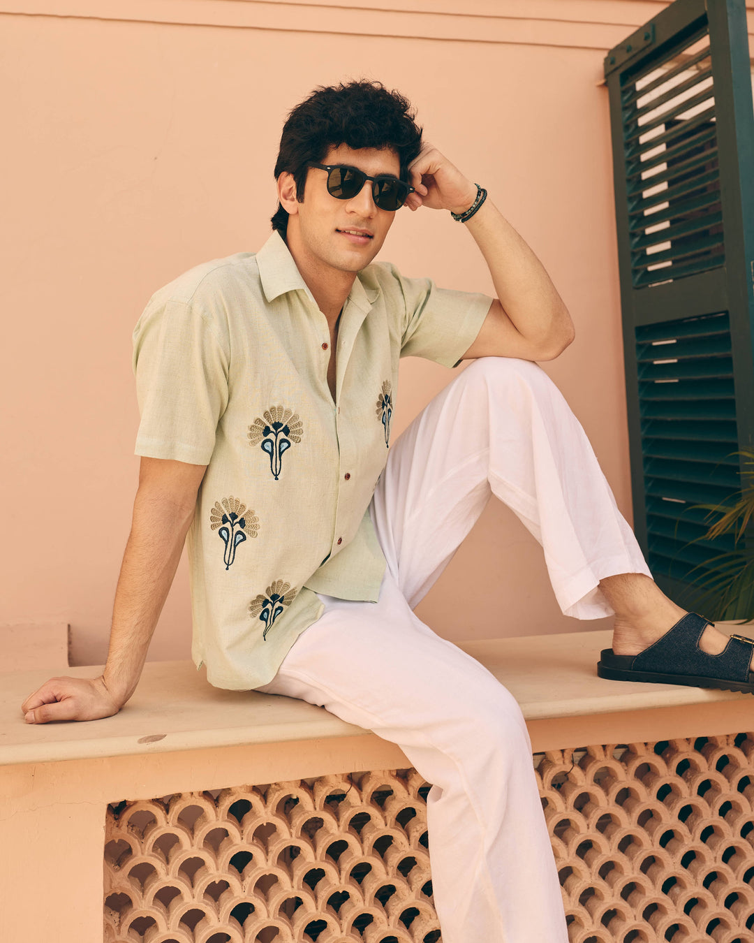 Meto Mint Cotton Flex Embroidered Shirt