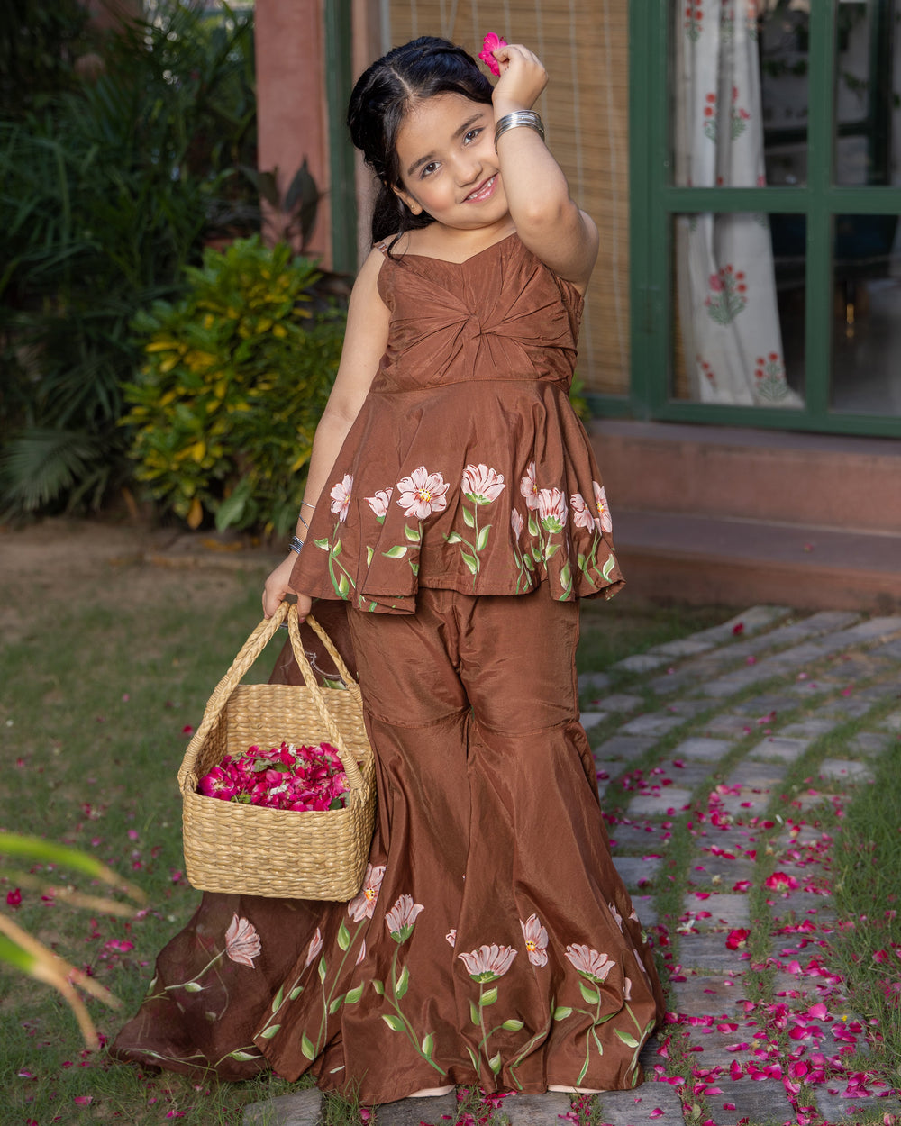 Toffee Brown Handpainted Muslin Sharara Set