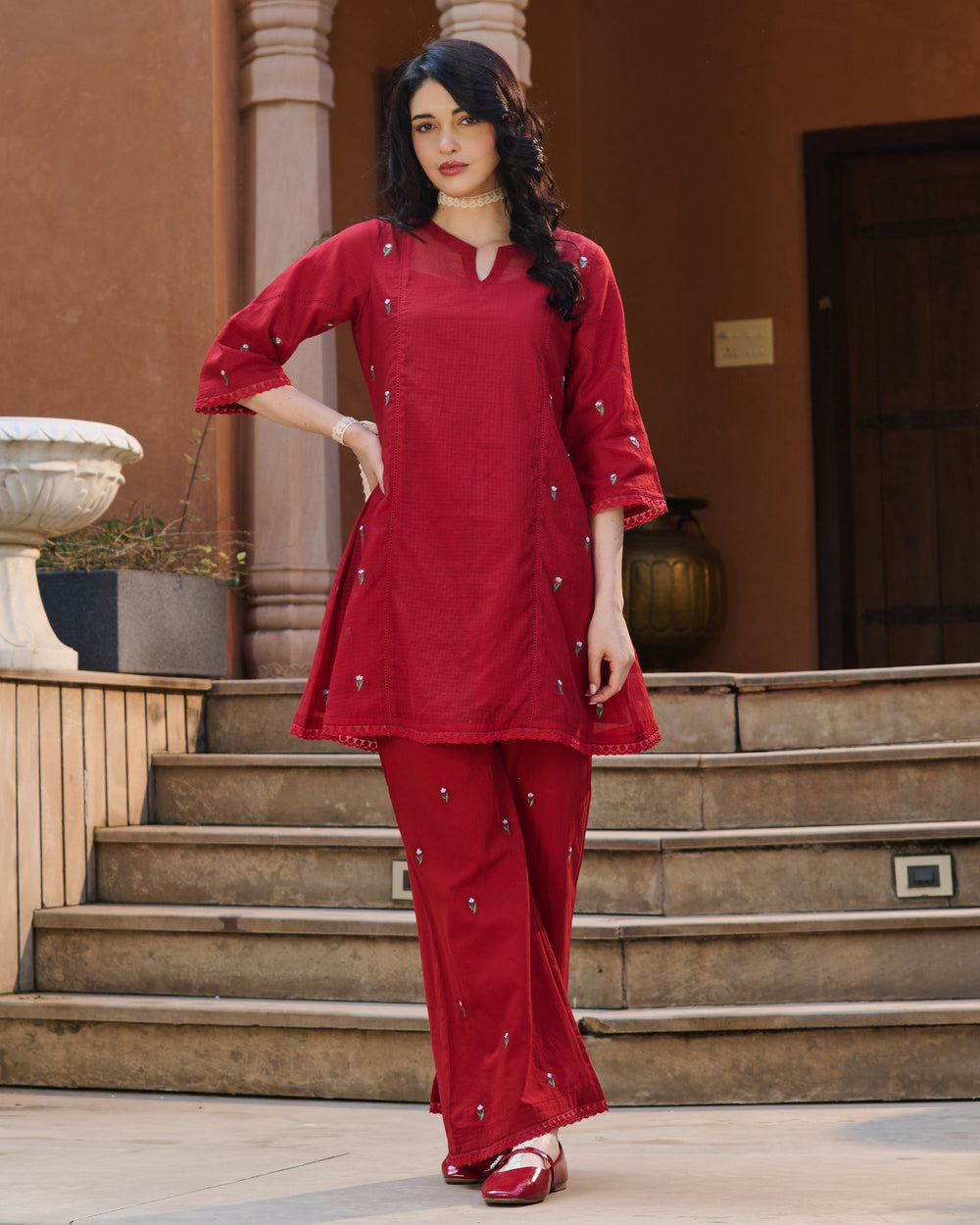 Sola Red Embroidered Doria Kurta Set