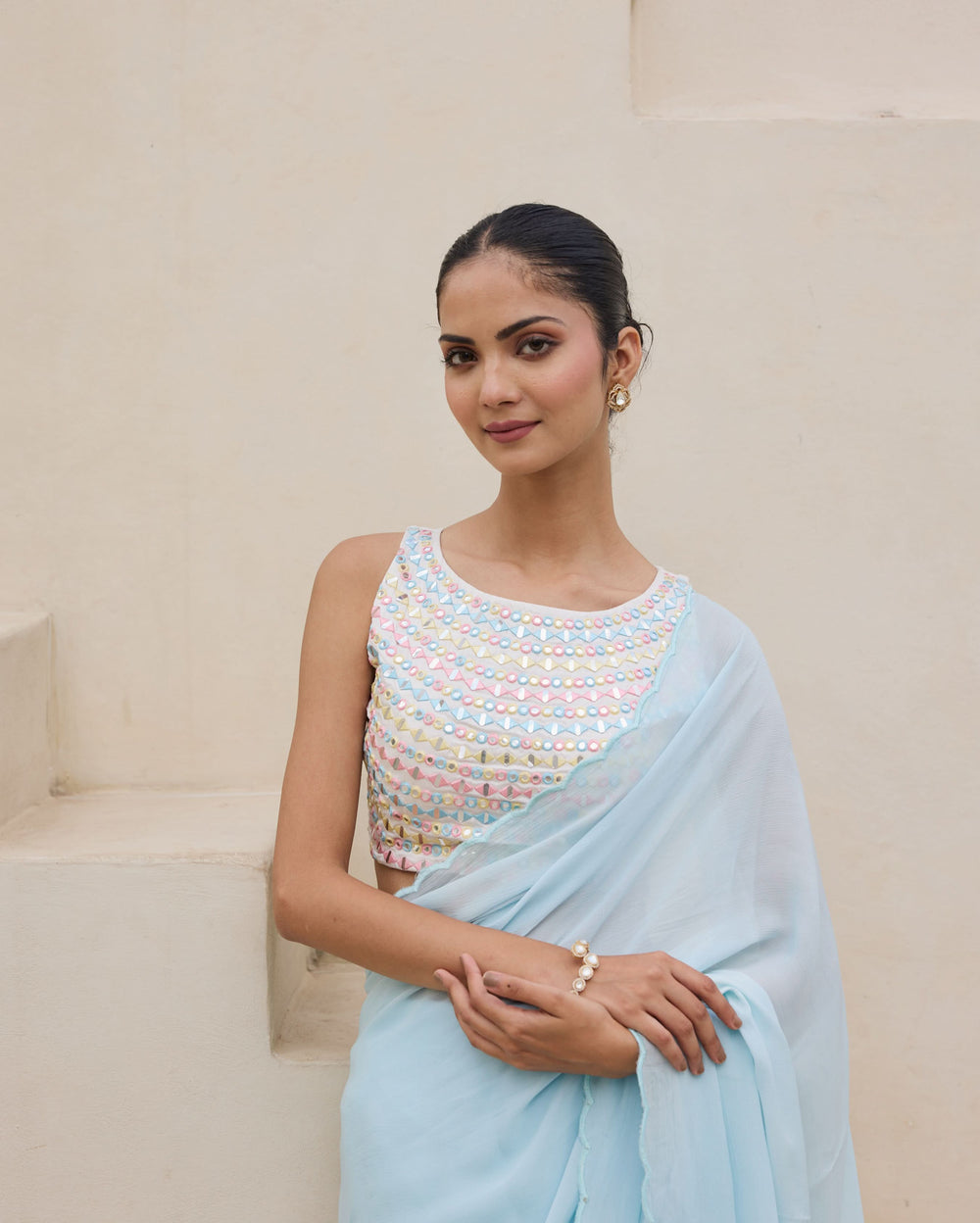 Daylight Charm White Satin Embroidered Blouse
