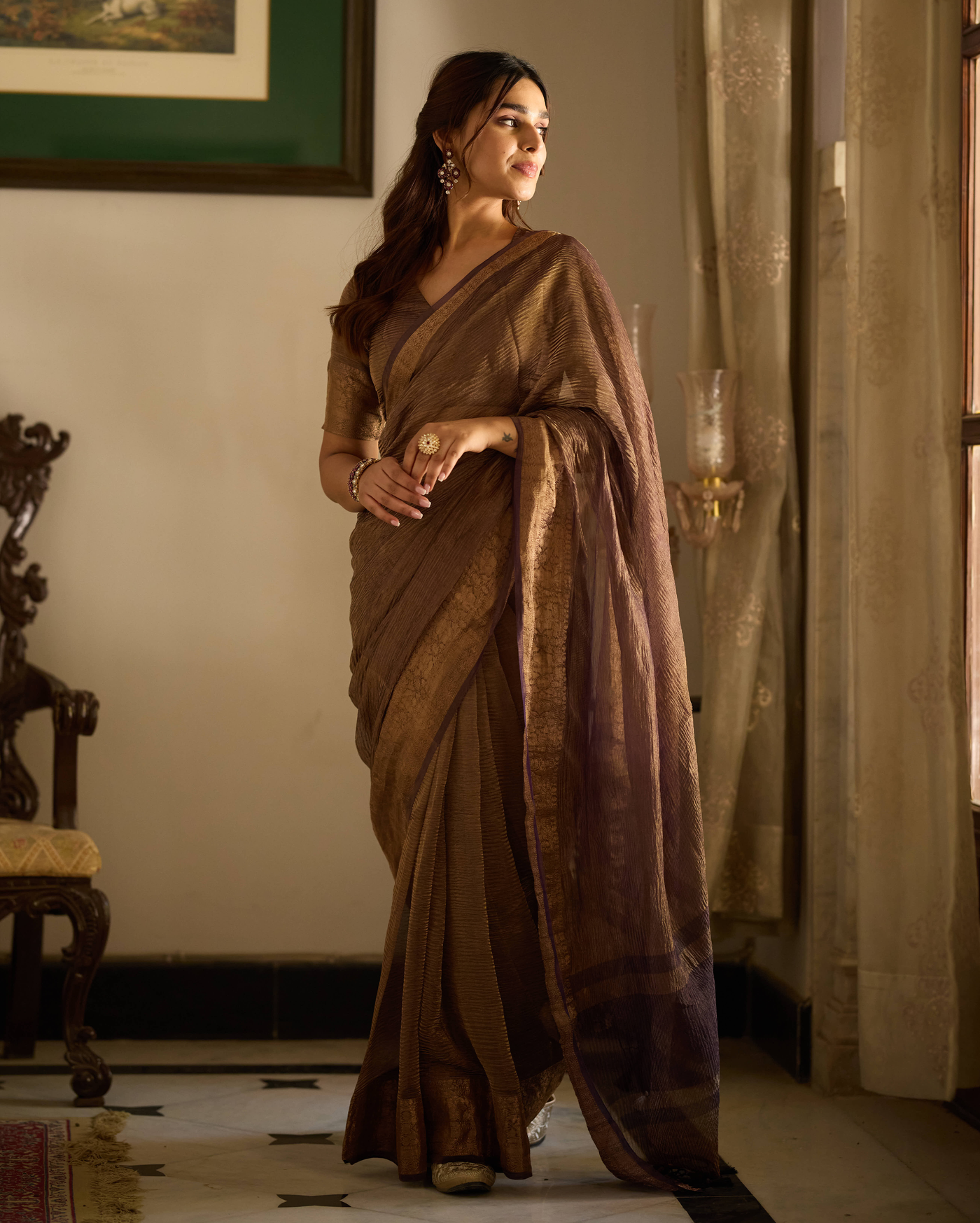 Shop Vrishti Purple Solid Crushed Tissue Saree for Women Online in ...