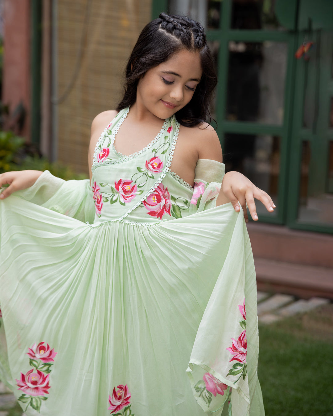 Nola Green Handpainted Georgette Suit Set