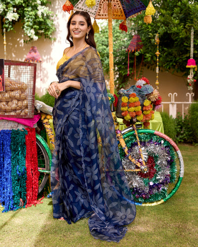 Shabnam Blue Bandhani Organza Saree
