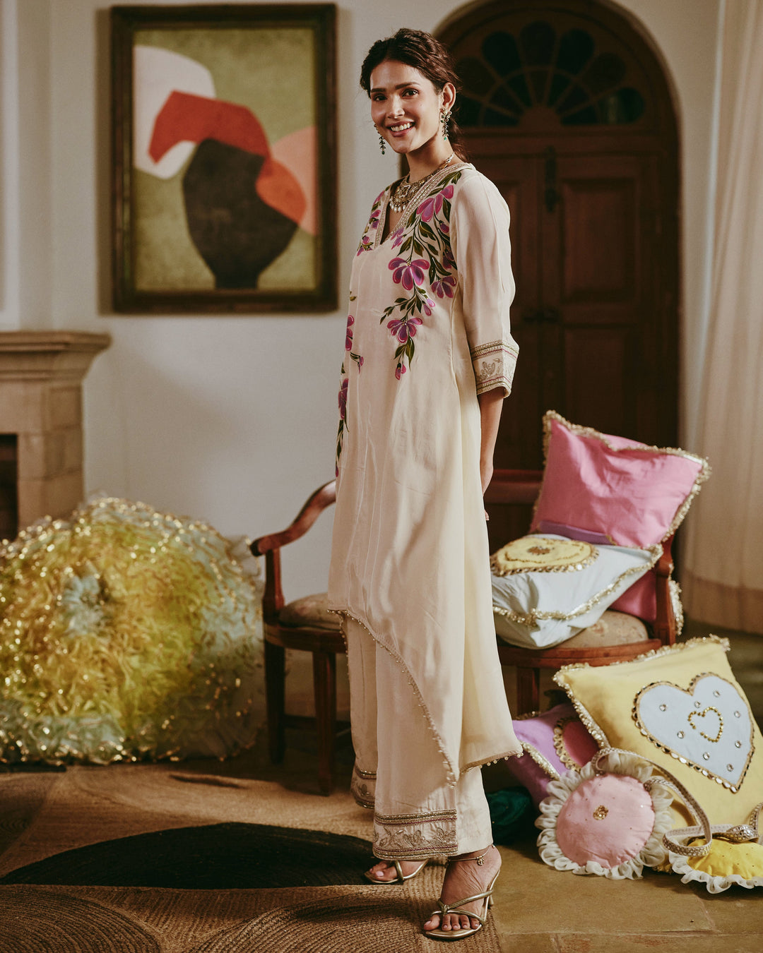 Vamikaa Ivory Handpainted Viscose Organza Coord Set