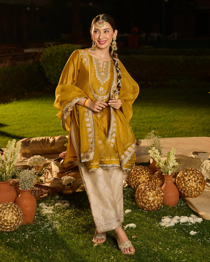 Aarvika Mustard Beige Embroidered Chanderi Suit Set