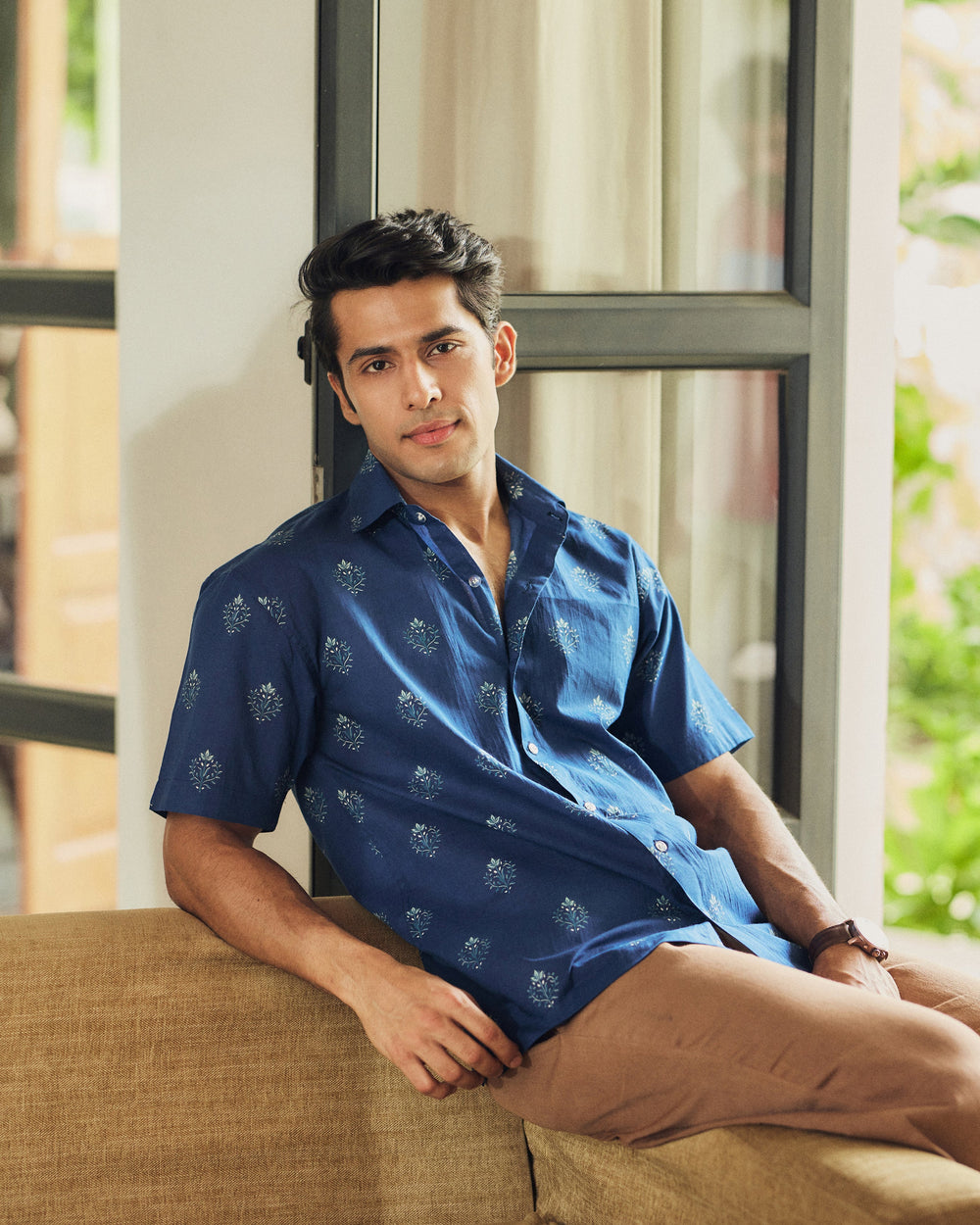 Gulrez Navy Blue Printed Cotton Shirt