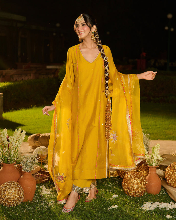 Agnira Mustard Embroidered Chanderi Suit Set