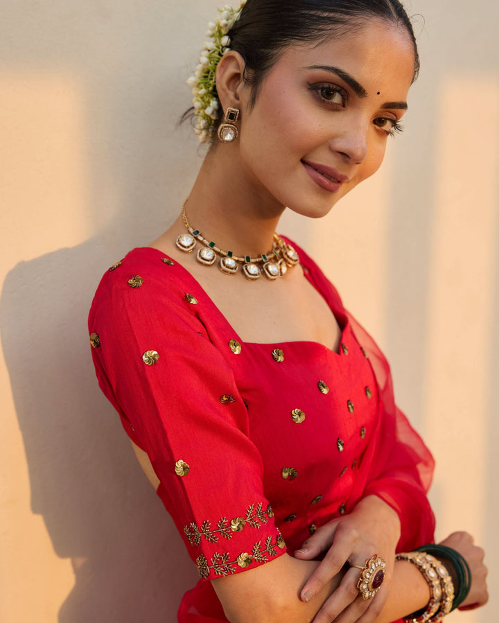 Wildflower Muse Red Silk Embroidered Blouse