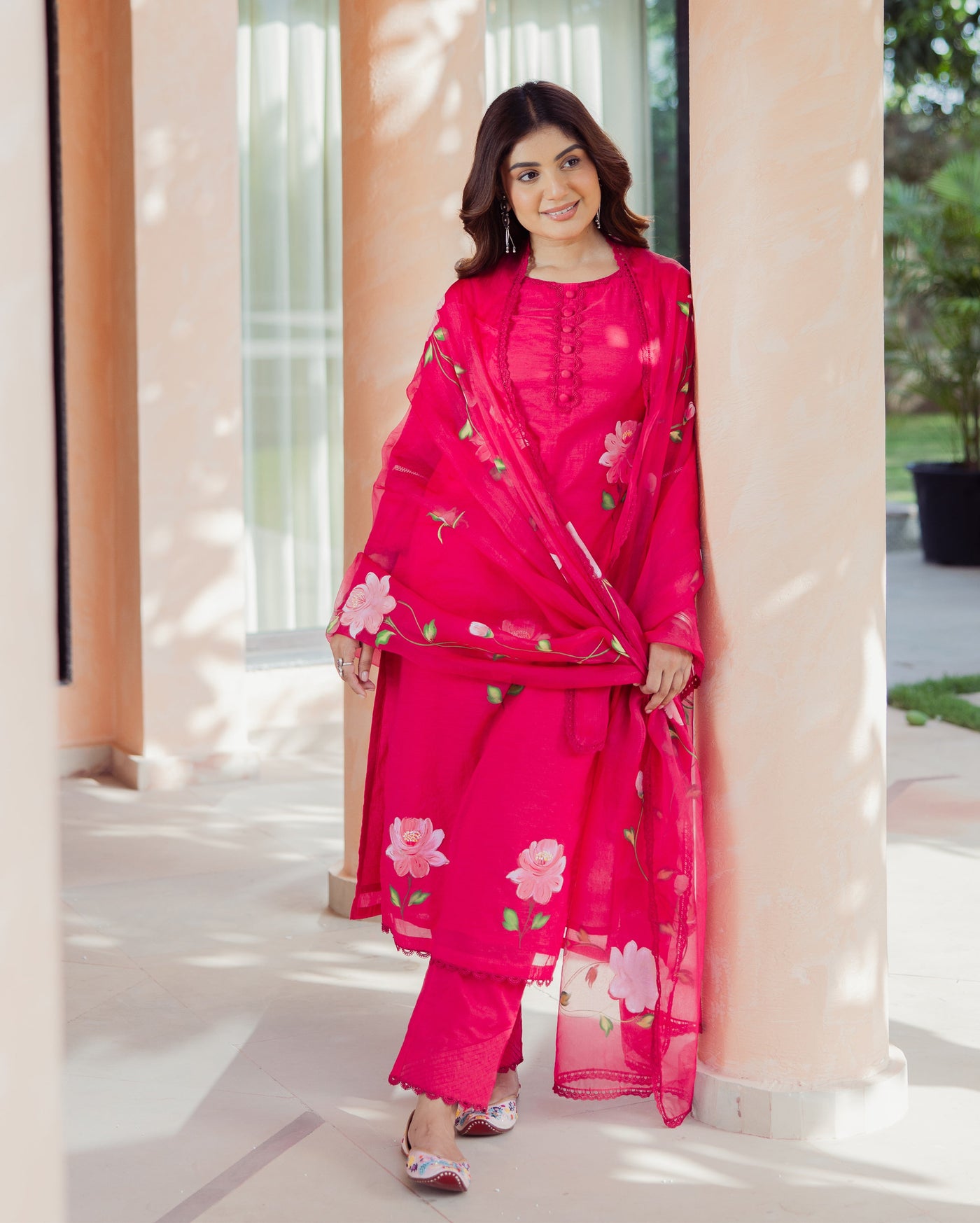 Meadow Magenta Handpainted Chanderi Suit Set