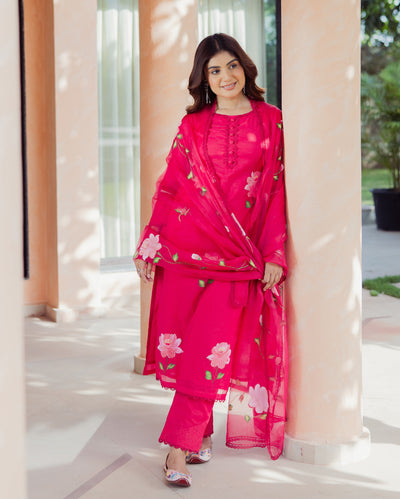 Meadow Magenta Handpainted Chanderi Suit Set