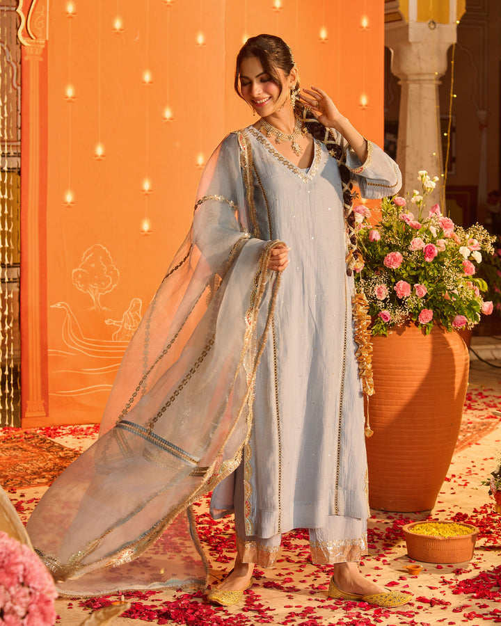 Vihana Powder Blue Embroidered Chanderi Suit Set