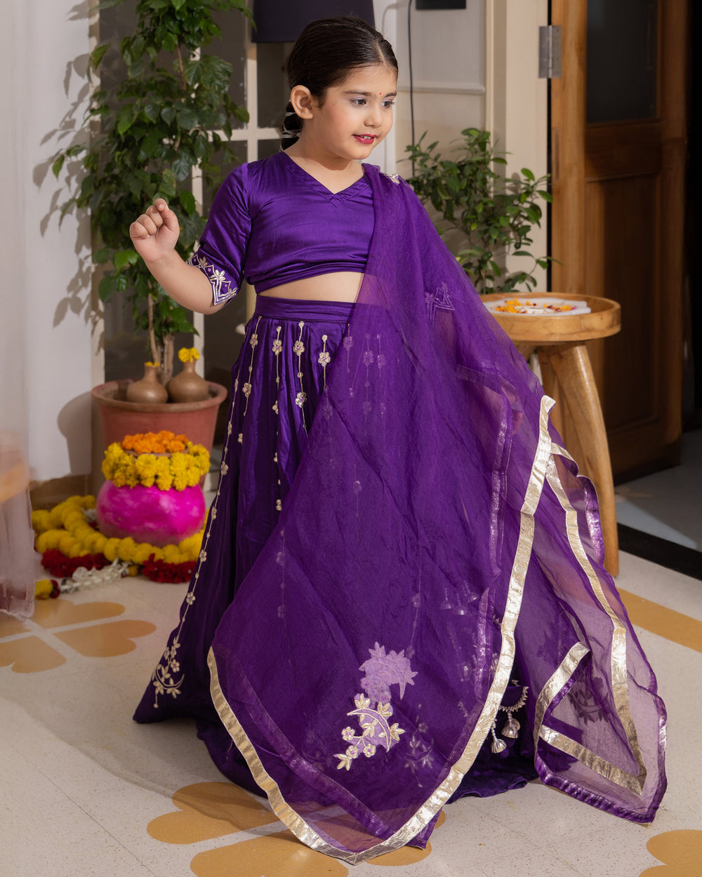 Chiku Purple Solid Satin Lehenga Set