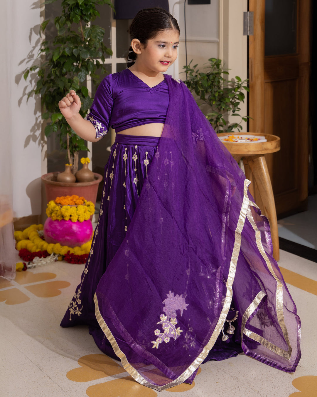 Chiku Purple Solid Satin Lehenga Set