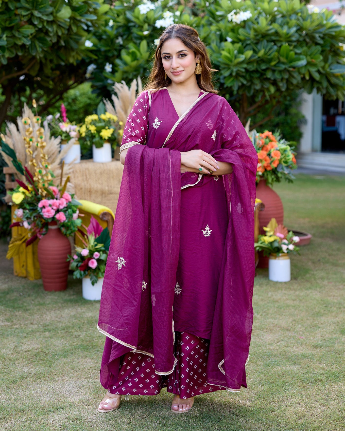 Shrishti Plum Bandhani Chanderi Suit Set