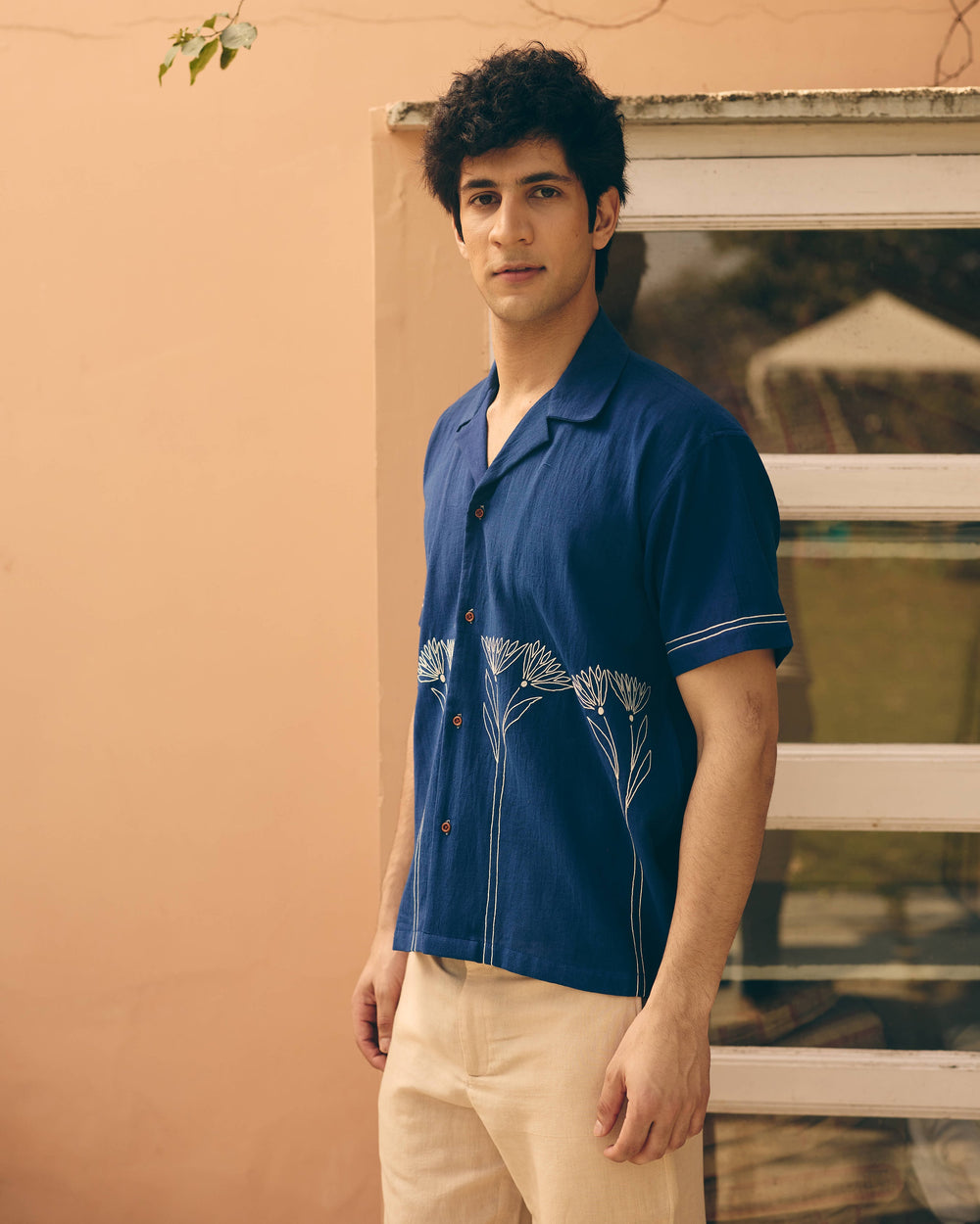 Davo Navy Cotton Flex Embroidered Shirt
