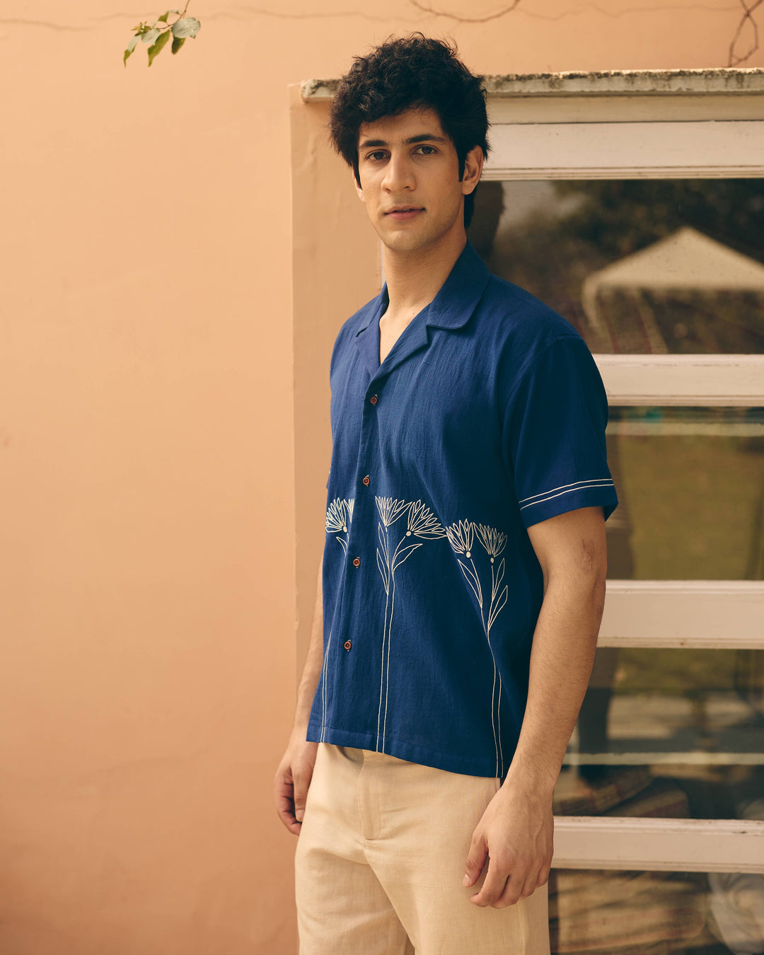 Davo Navy Cotton Flex Embroidered Shirt