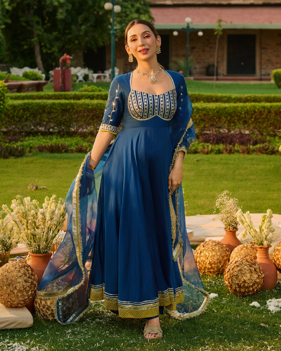 Deepisha Blue Embroidered Chanderi Suit Set