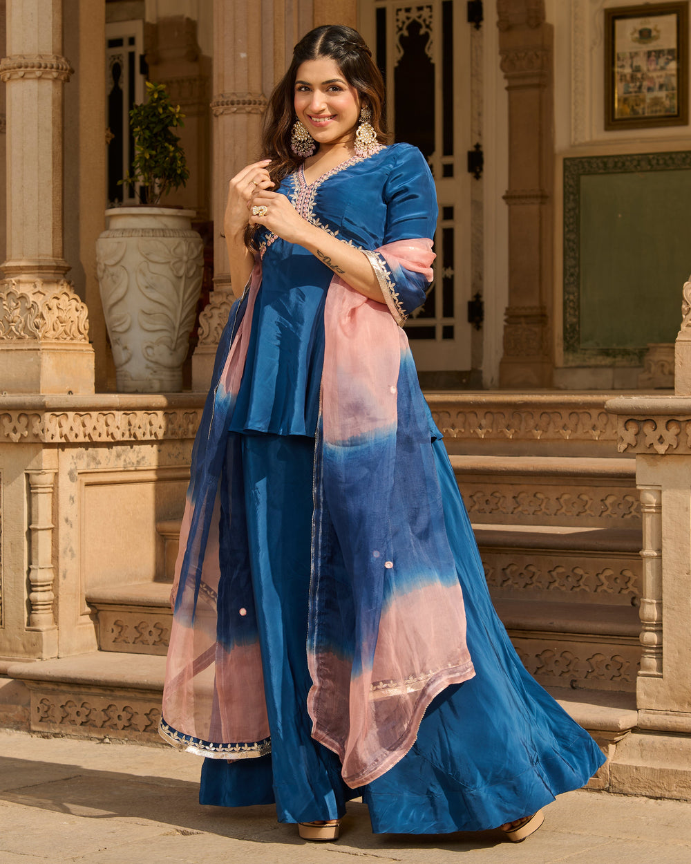 Maison Blue Solid Crepe Suit Set