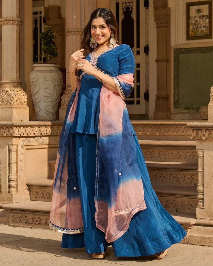 Maison Blue Solid Crepe Suit Set