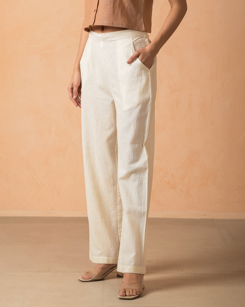Yaira Cream Cotton Flex Solid Straight Pants