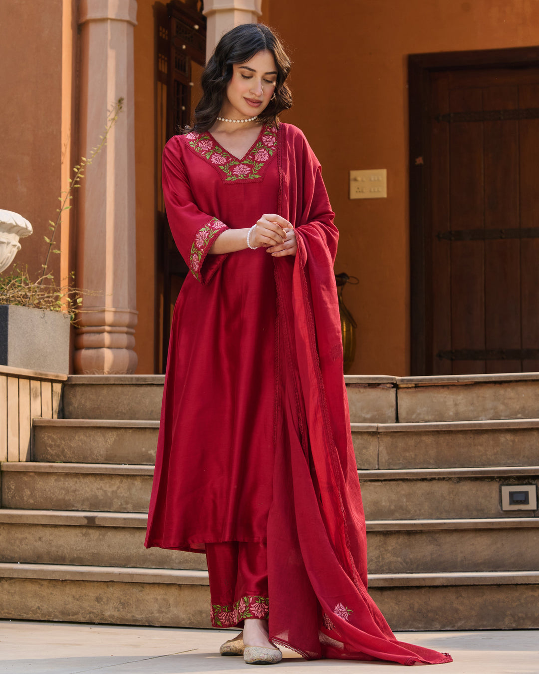 Solar Maroon Embroidered Roman Silk Suit Set