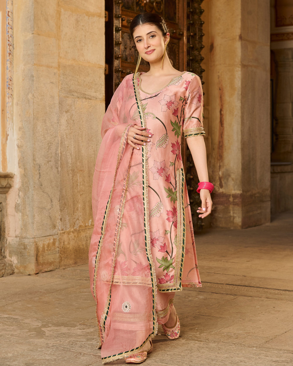 Pita Peach Printed Chanderi Suit Set