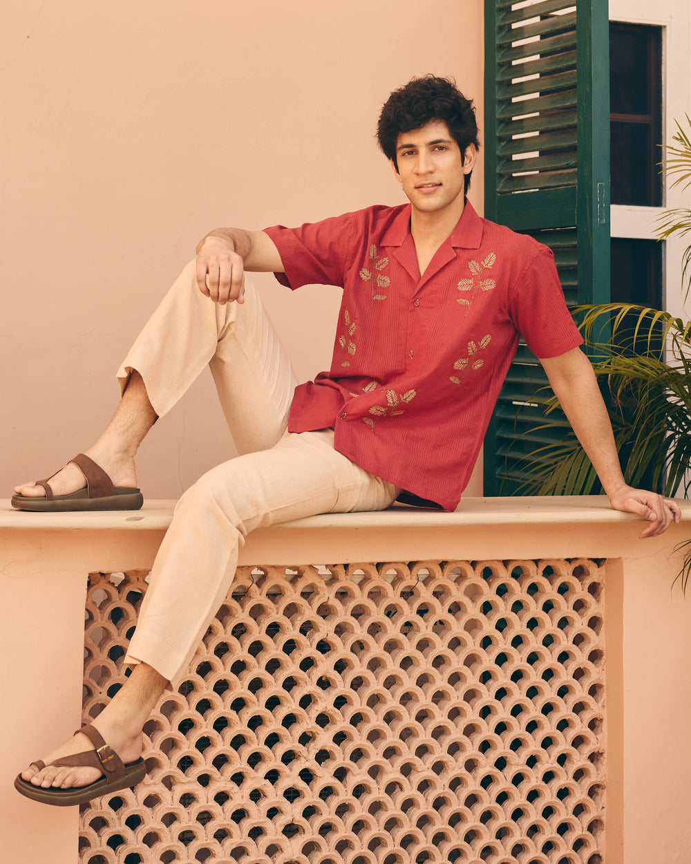 Rivo Maroon Cotton Dobby Embroidered Shirt