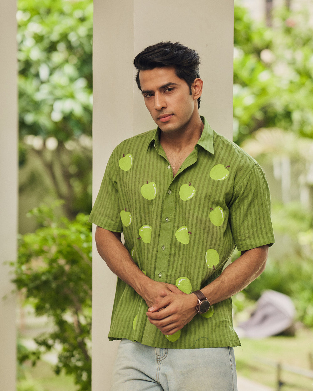 Vihaan Green Cotton Dobby Handpainted Shirt