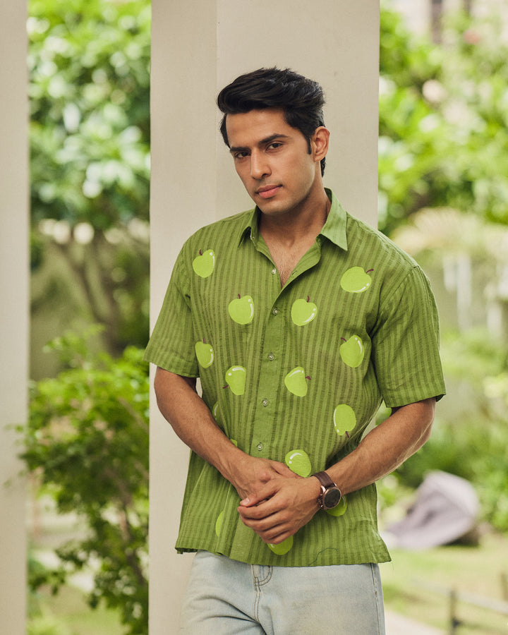 Vihaan Green Cotton Dobby Handpainted Shirt