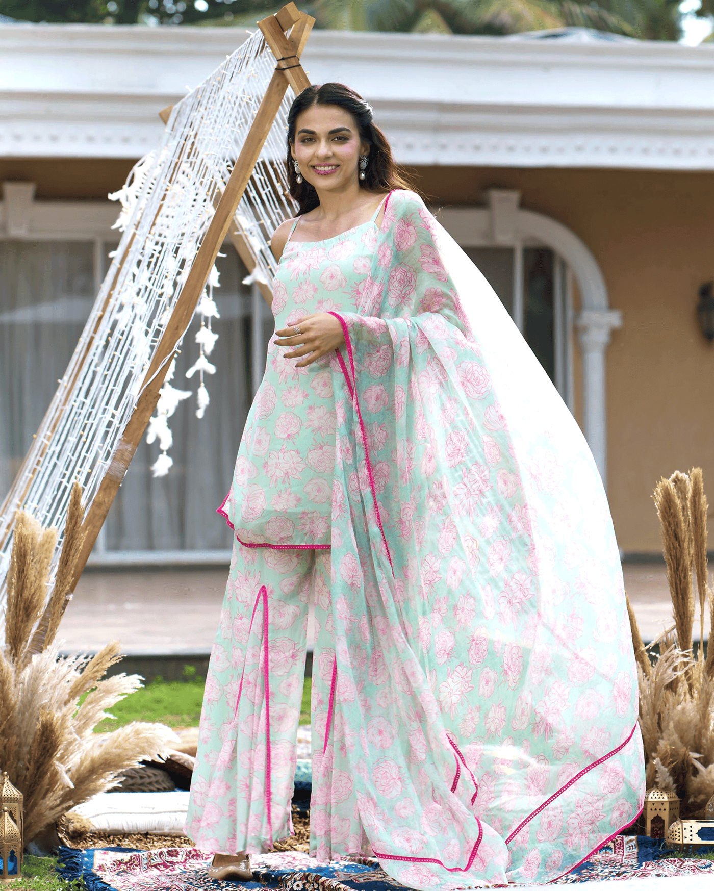 Kinaaz Sea Green Printed Georgette Sharara Set