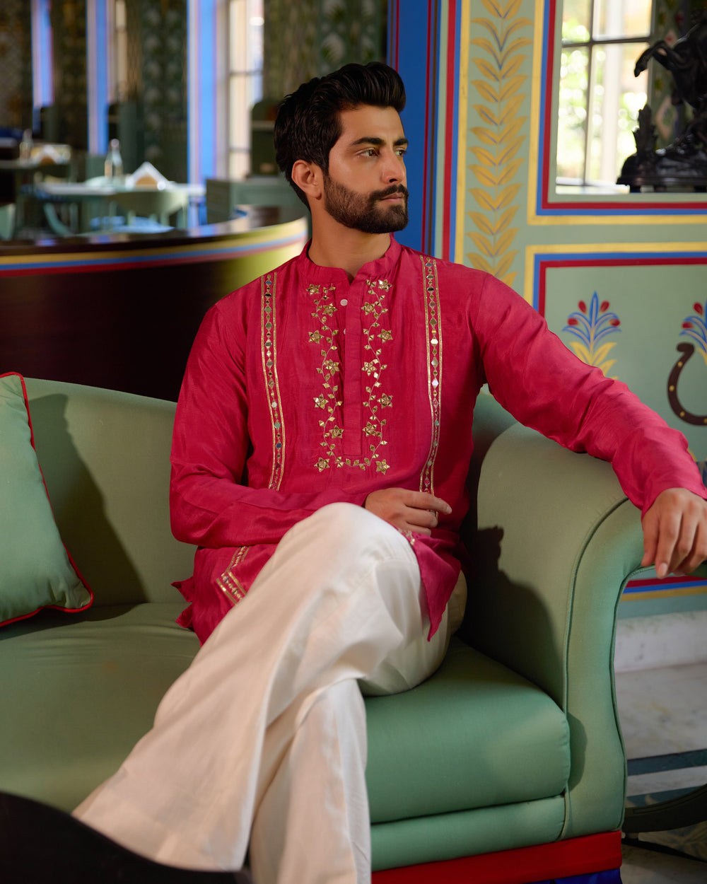 Devdas Pink Silk Embroidered Kurta