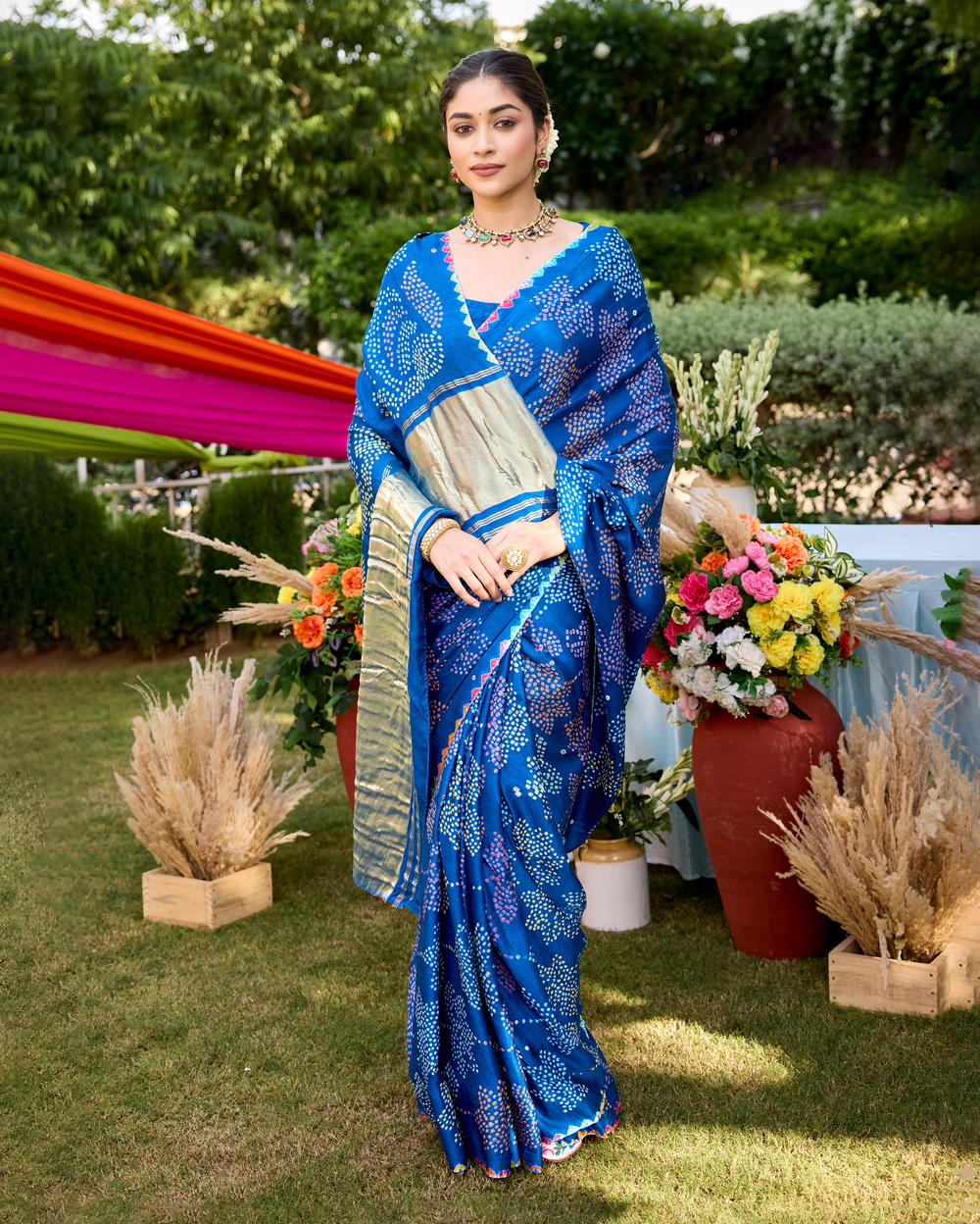 Mohini Blue Gajji Silk Bandhej Saree
