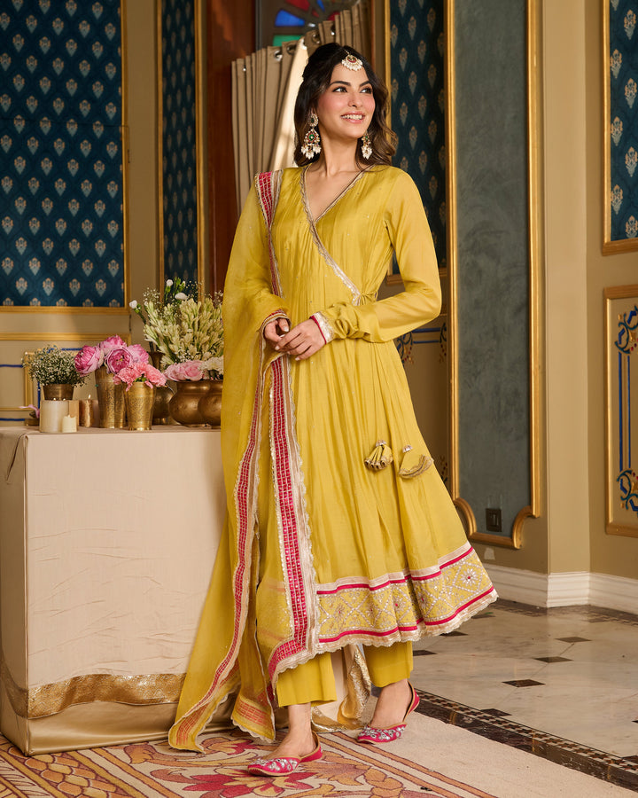 Samridhi Lime Green Embroidered Chanderi Suit Set