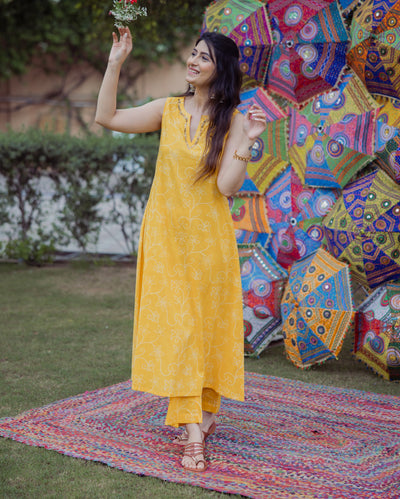 Shikha Yellow Bandhani Cotton Kurta Set