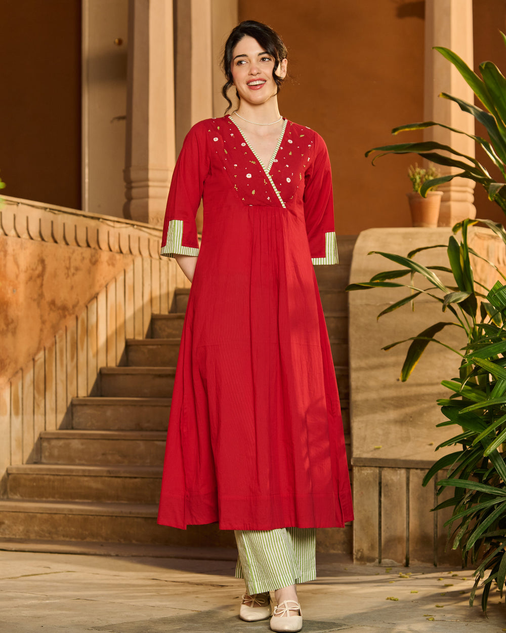 Alix Red Embroidered Cotton Kurta Set